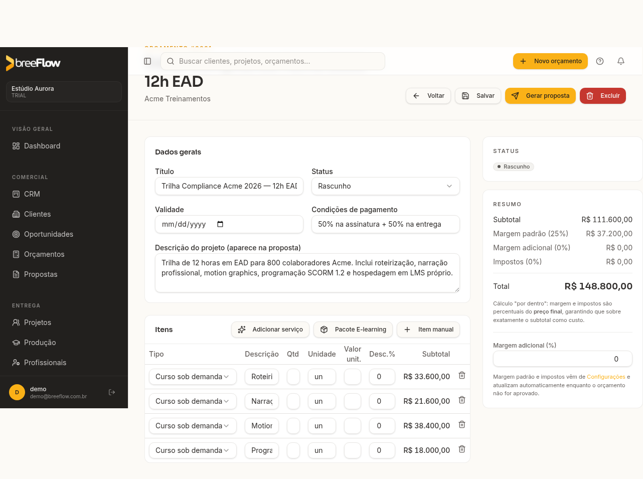 Orçamento detalhado de trilha EAD no breeFlow com margem padrão e total em tempo real